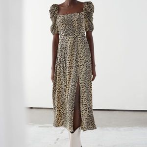 & Other Stories Puff Shoulder Crepe Midi Dress in Leopard